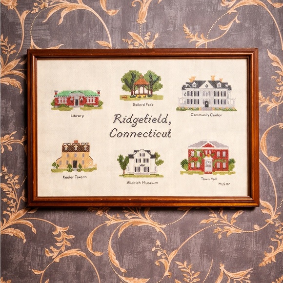 Vintage Other - Vintage Ridgefield CT Framed Needlework Landmarks Sampler 1987
